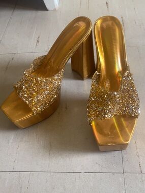 Gold Beaded Platform Mule Heels - Women's Dress Sandals